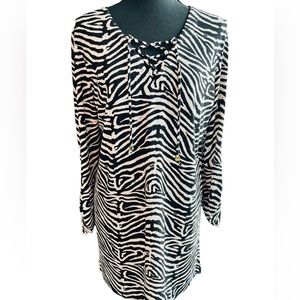 Michael Kors V Neck Zebra Animal Print Dress Gold metal Detail Size Peti…